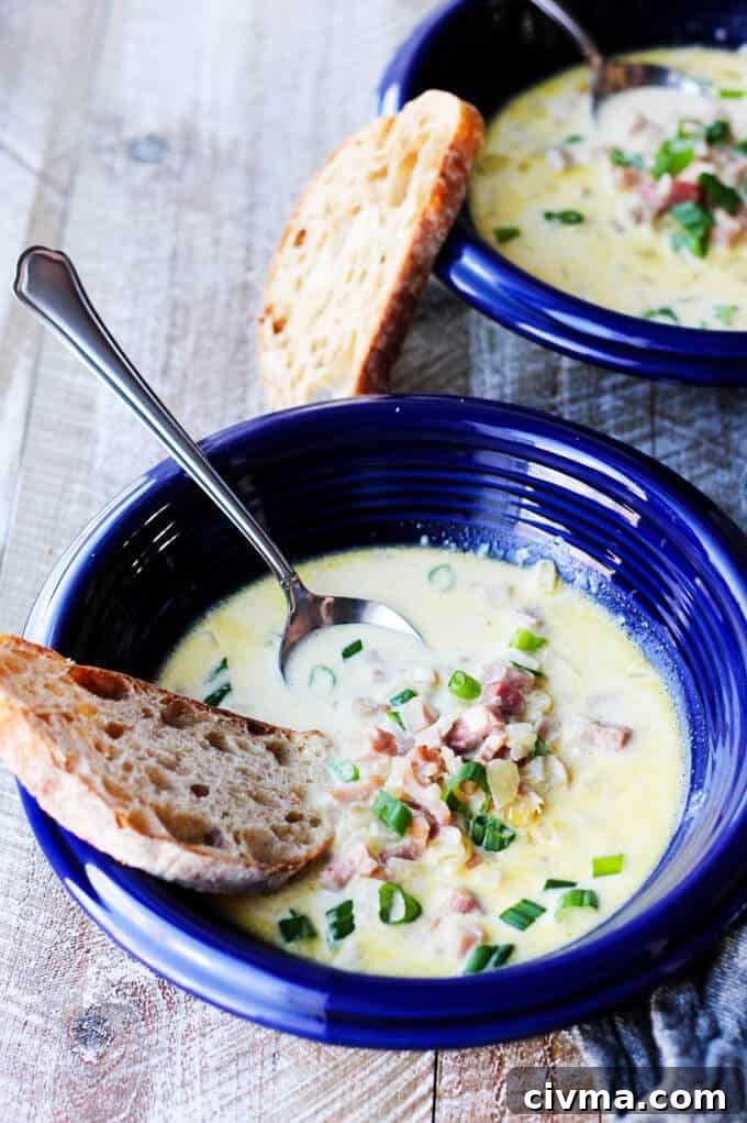 ham and cheese soup in blue bowls with scallions and bread and spoon in the bowl