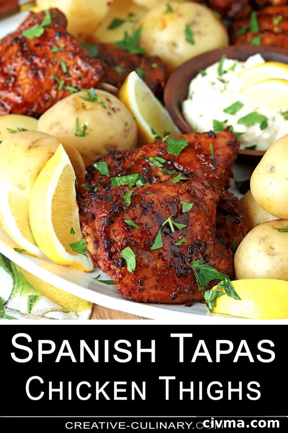 Pin for Individual serving of Spanish Tapas Chicken Thighs served with potatoes and tomatoes.