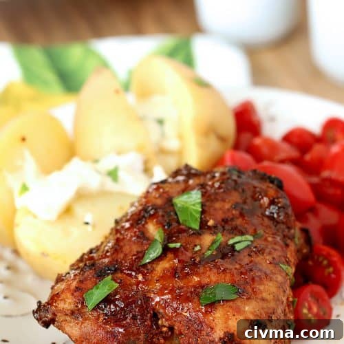 Individual serving of Spanish Tapas Chicken Thighs served with potatoes and tomatoes.