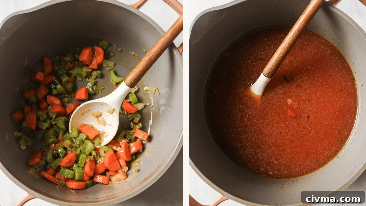 Left: vegetables sautéing in a Dutch oven. Right: tomatoes and broth added. 