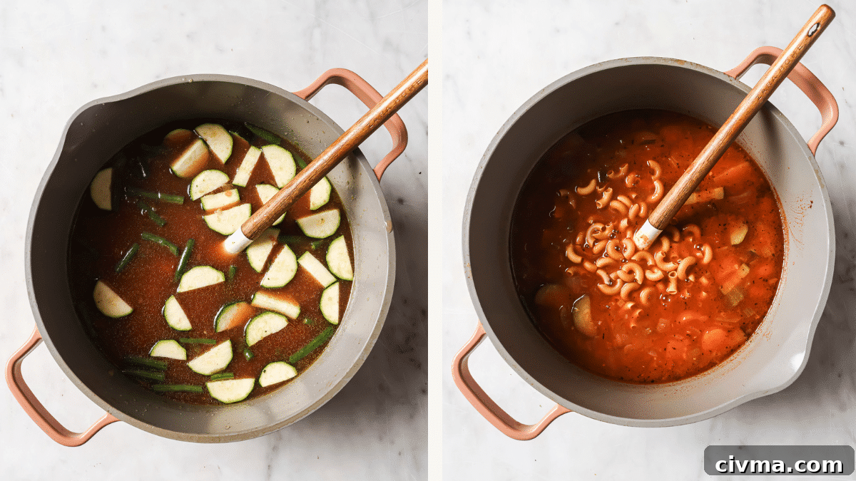 Left: green beans and zucchini added to the Dutch oven. Right: macaroni added. 