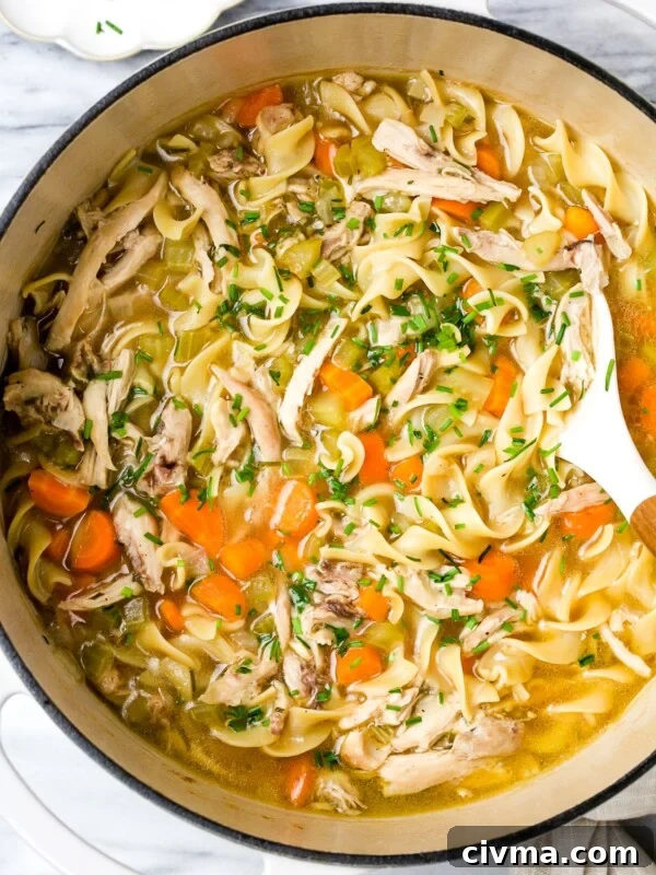 Chicken noodle soup in a large white pot.