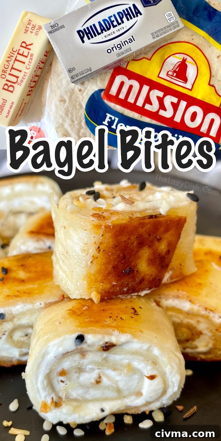 Bagel Bites! Crispy cream cheese pinwheels with Everything Bagel seasoning. Your family is going to love this quick and easy snack idea. Simply spread cream cheese onto burrito size flour tortillas, sprinkle with seasoning, roll into a log, cut into pieces, and then make them crispy with a little butter in a pan over medium-high heat. 