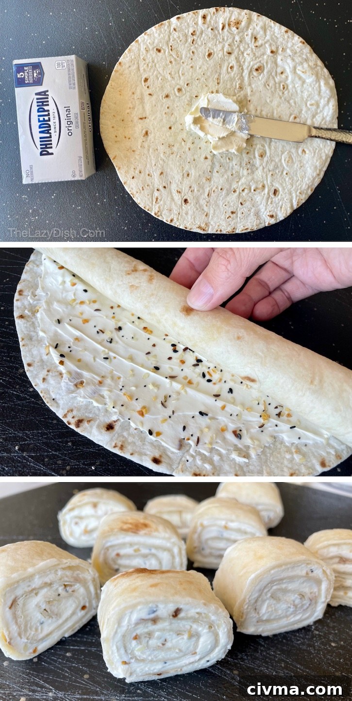 Bagel Bites... a quick and easy snack idea! Roll up a large flour tortilla stuffed with cream cheese and Everything bagel seasoning, cut into bite size pieces and then cook in a skillet with butter until crispy. Great for busy mornings and after school snacking! Kids especially love these pinwheels. 