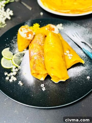 Three whole mango pancakes and two halves arranged nicely on a black ceramic serving plate with powdered sugar.