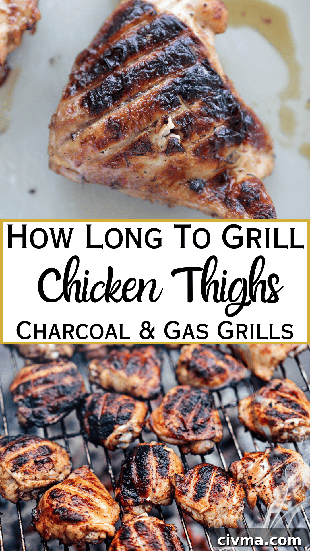 grilled chicken on plate with text and grilled chicken thighs on grill grates