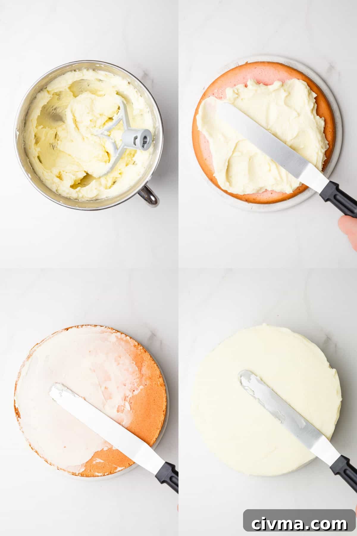 steps showing how to frost a pink velvet cake.