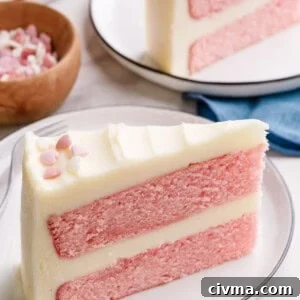 A slice of double layer pink velvet cake with buttercream frosting.
