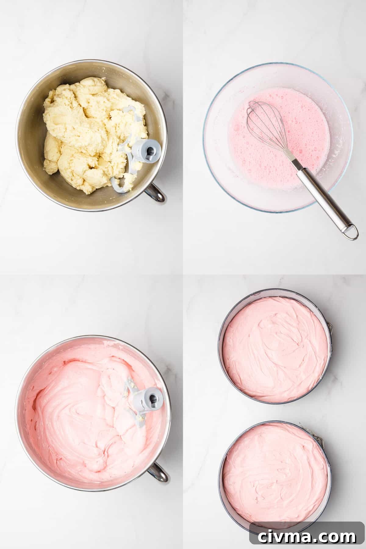 steps on how to make pink velvet cake batter.