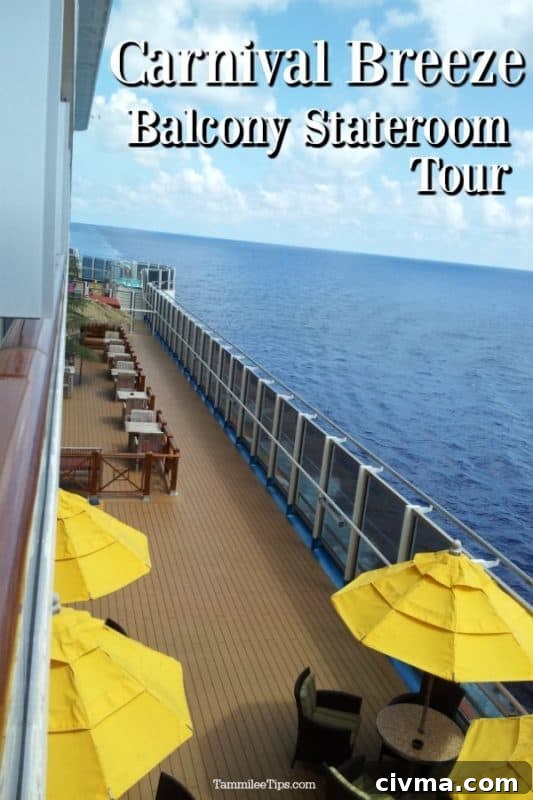 Carnival Breeze Balcony Stateroom Tour overlooking the side deck of the cruise ship 