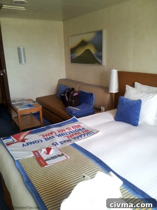 Carnival Breeze stateroom with bed, towel animal, couch, and table 