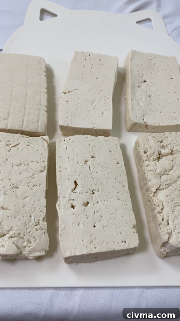 Sliced tofu for vegan musubi