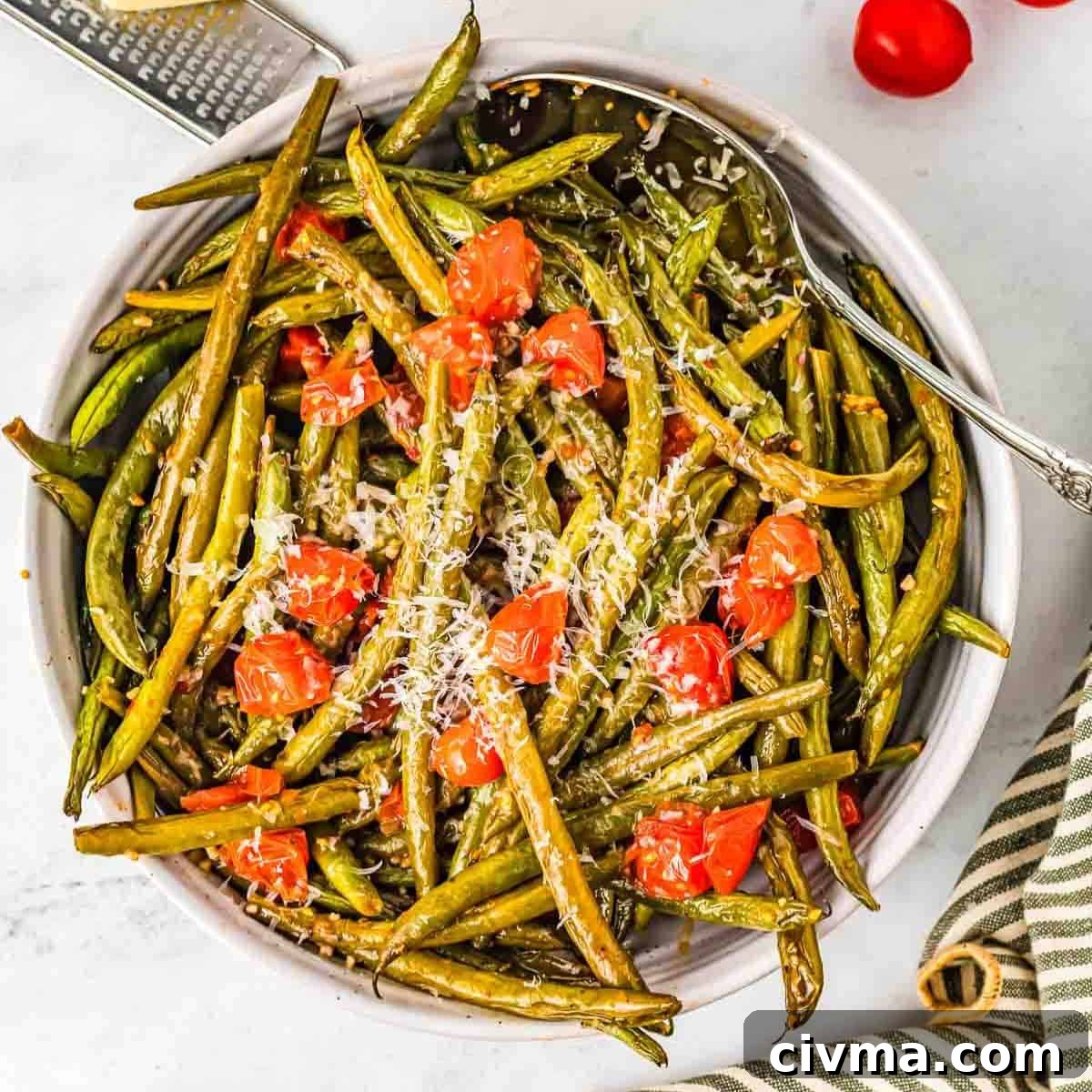bowl of Italian green beans with a silver spoon in them