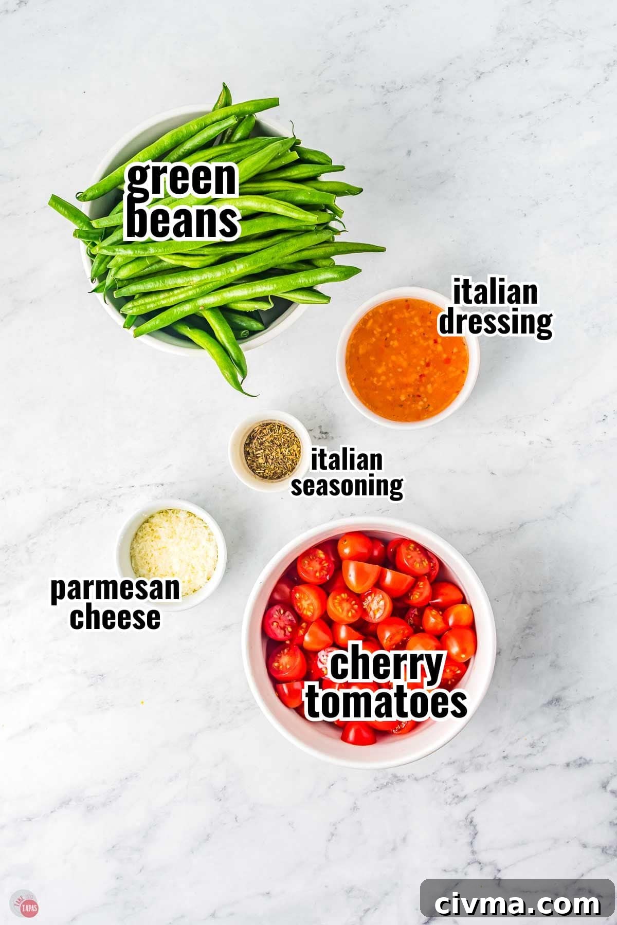 ingredients for a green bean recipe in individual bowls with text overlay labeling them