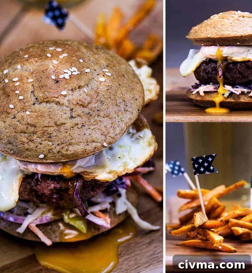 Paleo Burger Buns with yam fries and a fried egg