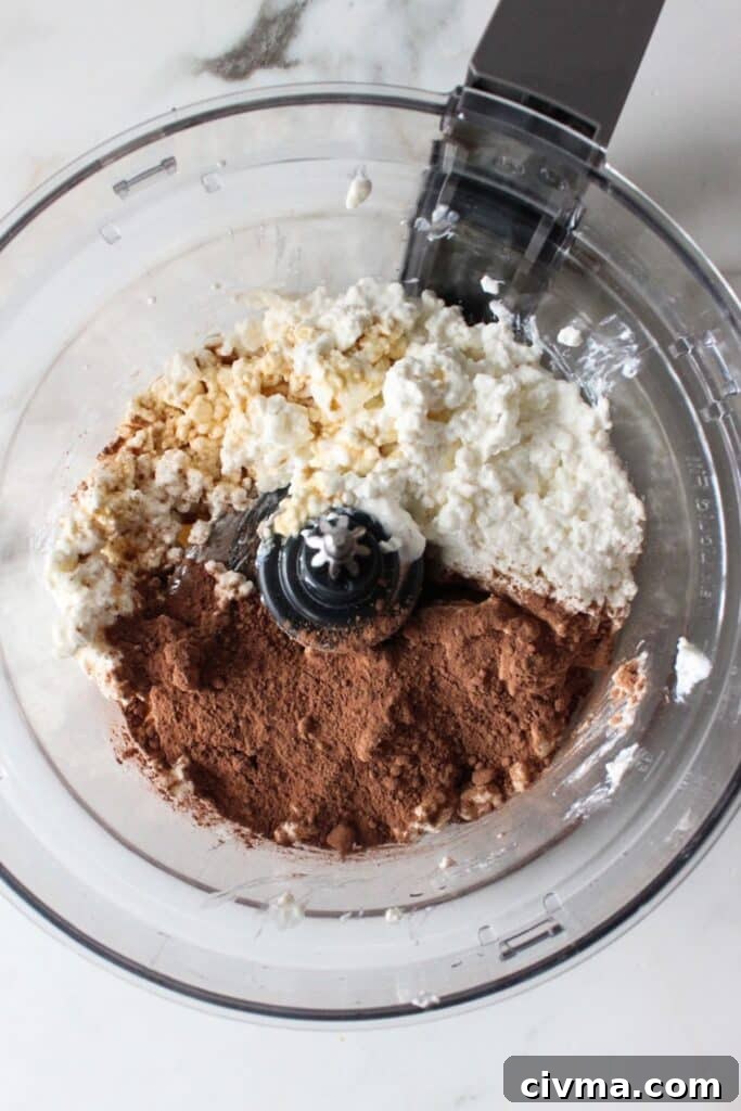 Cottage cheese, cocoa powder, honey, and vanilla extract 