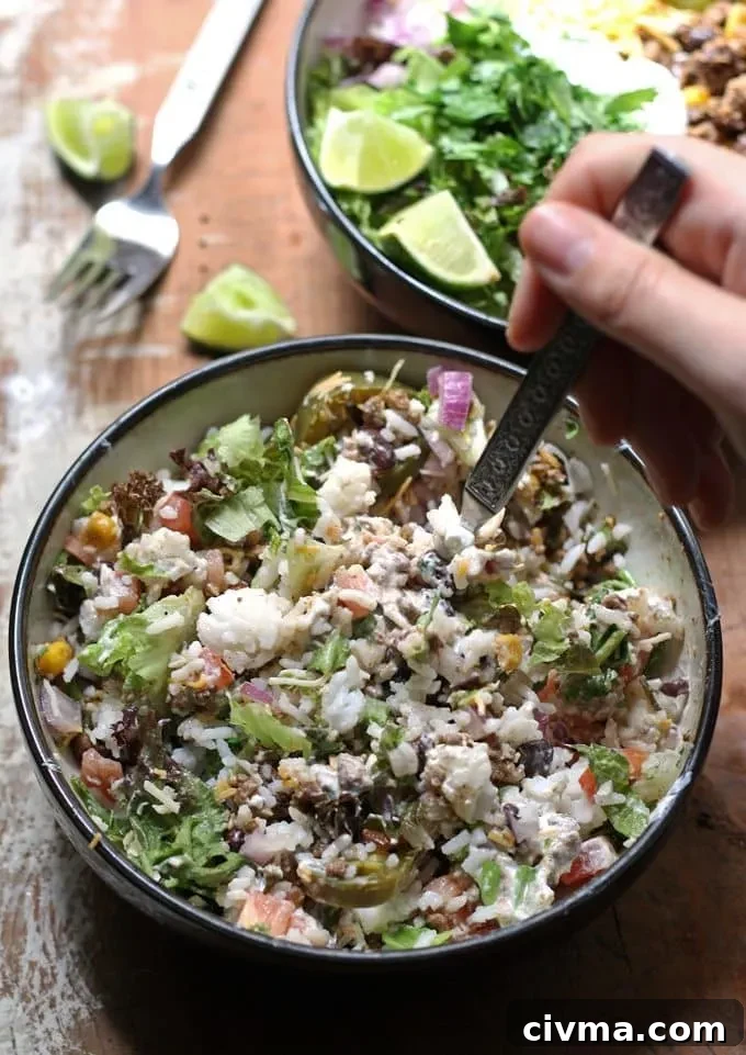 Close-up of a loaded burrito bowl