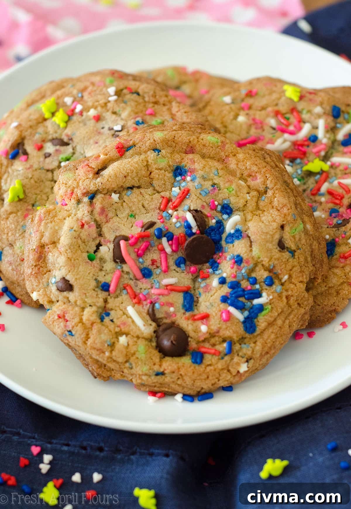 Gender Reveal Cookies: Classic chocolate chip cookies baked with a surprise of colored sprinkles inside perfect for revealing the gender of a baby.