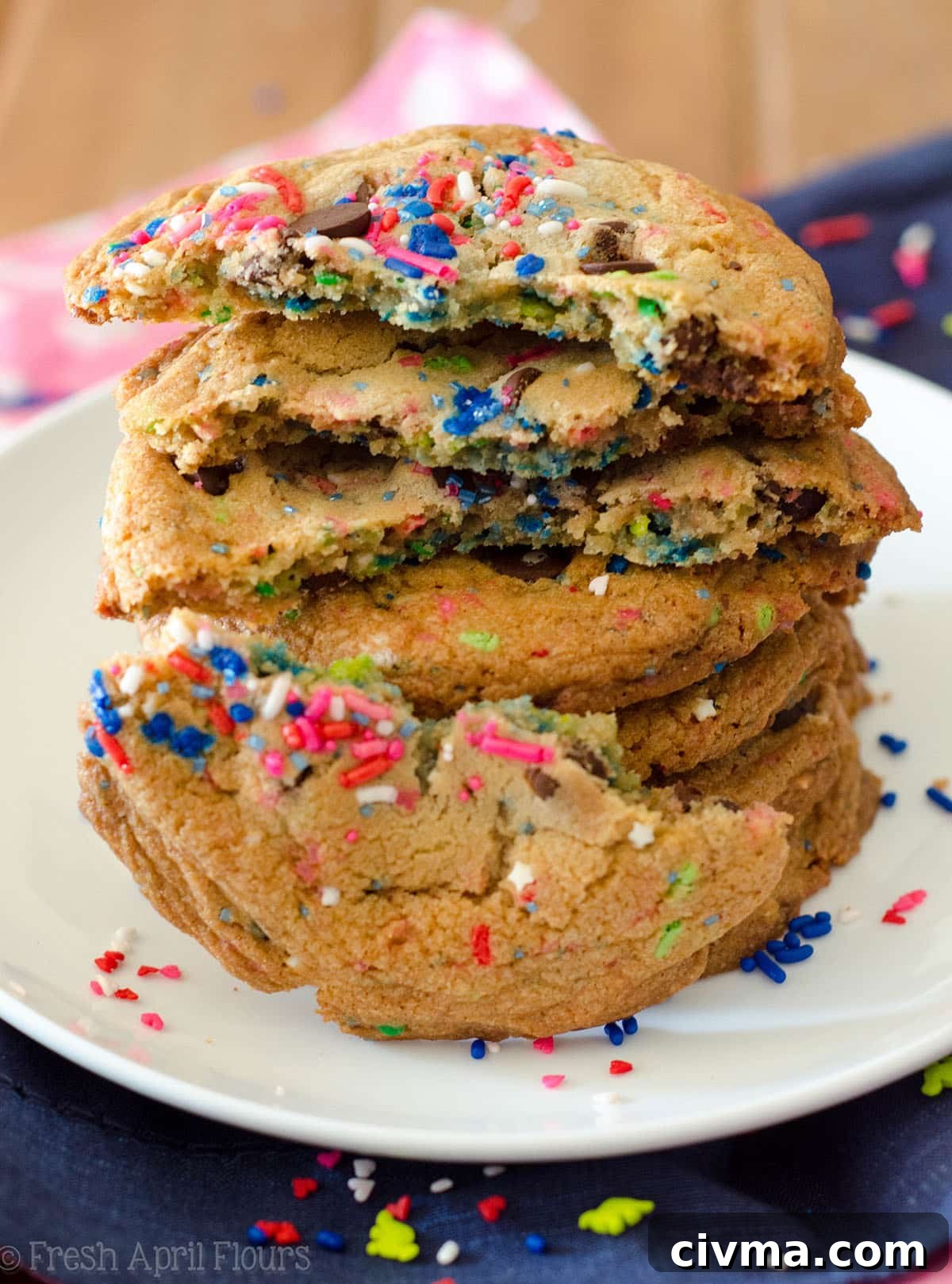 Gender Reveal Cookies: Classic chocolate chip cookies baked with a surprise of colored sprinkles inside perfect for revealing the gender of a baby.