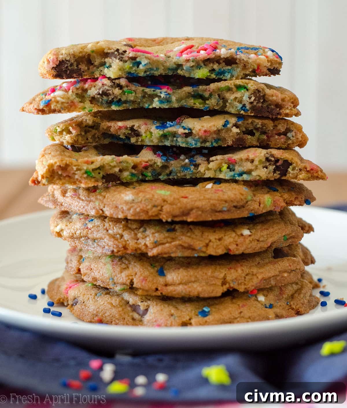 Gender Reveal Cookies: Classic chocolate chip cookies baked with a surprise of colored sprinkles inside perfect for revealing the gender of a baby.