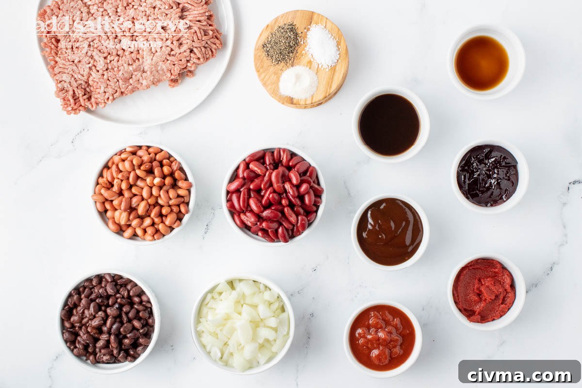 30 Minute BBQ Beef and Beans Recipe 3 Overhead shot of ingredients for beef and beans.