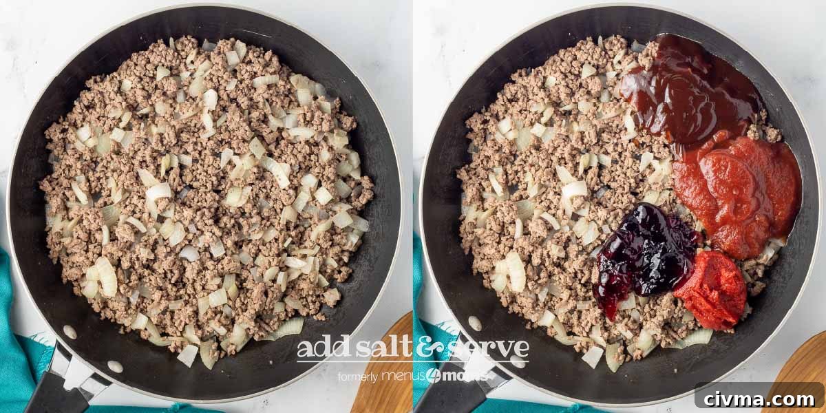 30 Minute BBQ Beef and Beans Recipe 4 Composite image of cooked ground beef and onion in a skillet on the left and with additional ingredients including grape jelly, chili sauce, barbecue sauce, and tomato paste on the right.