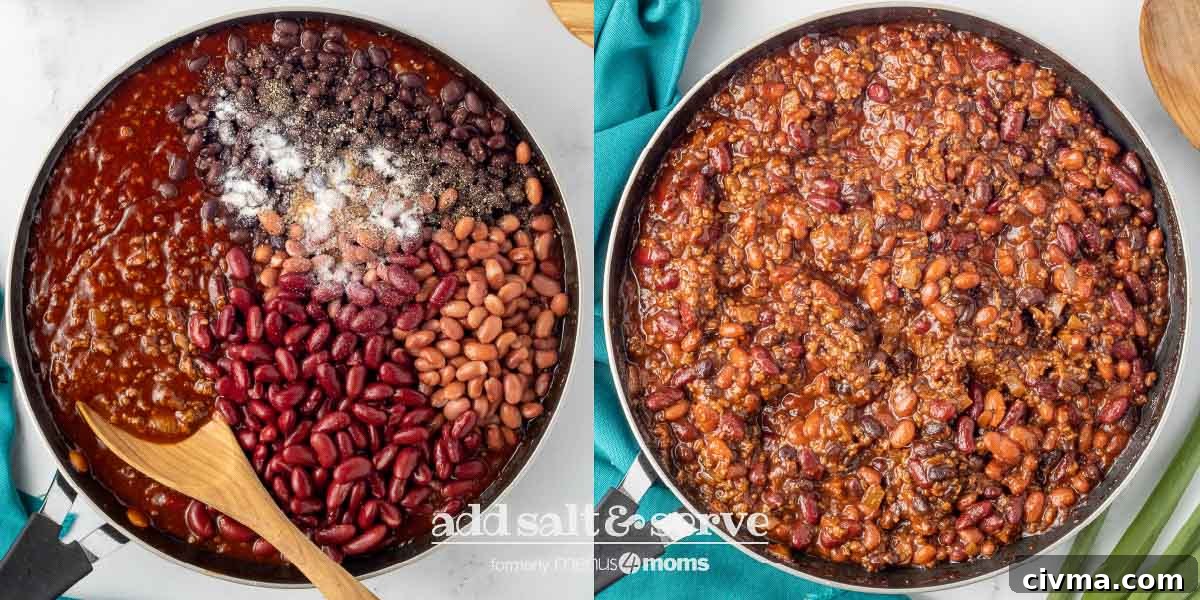 30 Minute BBQ Beef and Beans Recipe 5 Composite image with beef and beans ingredients separated in a pan on the left and mixed together on the right.