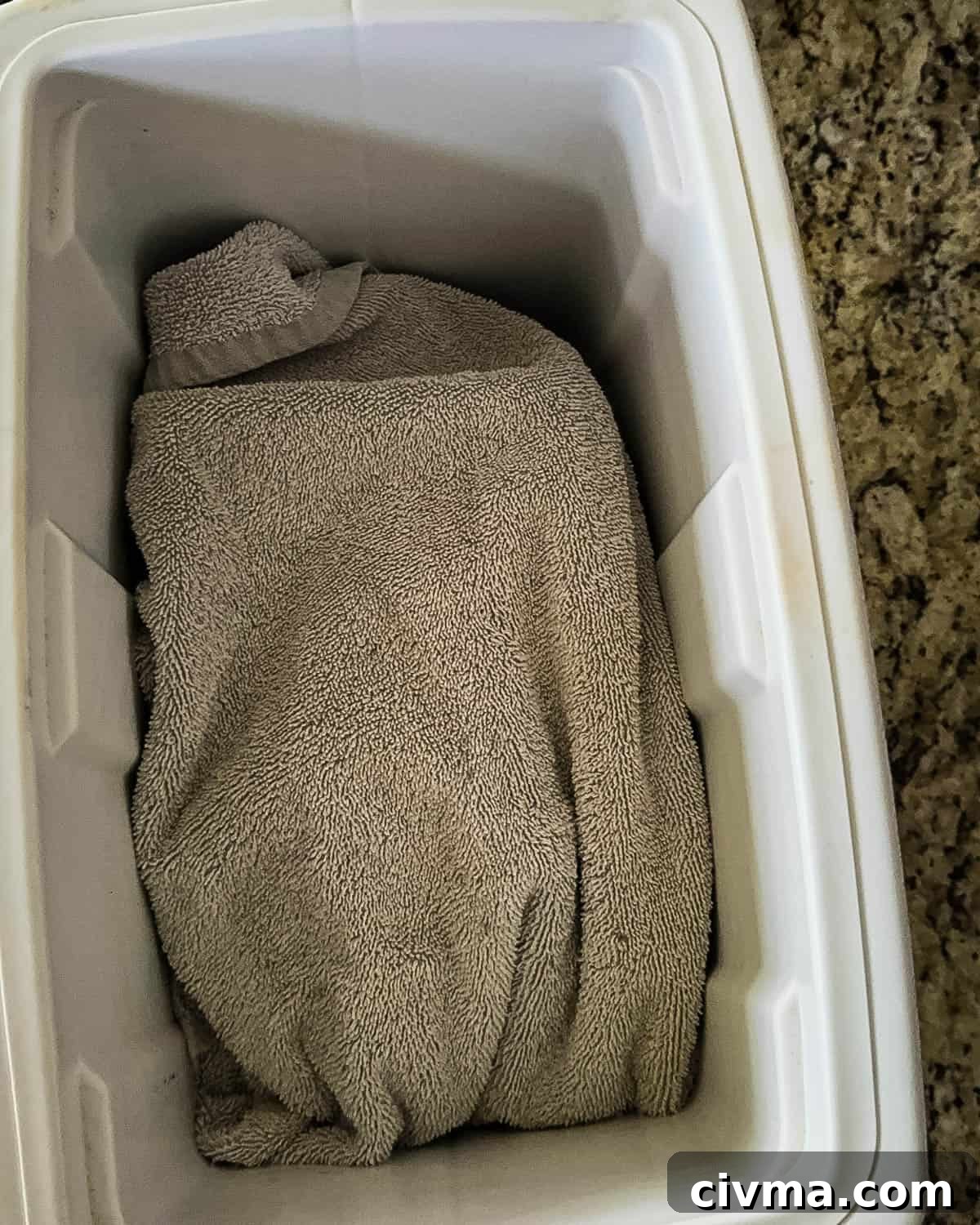 The pork wrapped in a towel and placed in a cooler to rest.