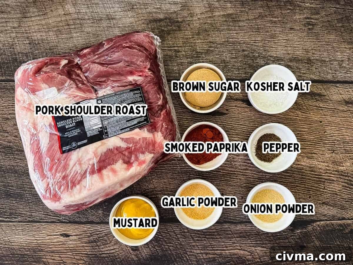 Labeled ingredients for Pit Boss pulled pork: pork shoulder, yellow mustard, brown sugar, smoked paprika, salt, pepper, garlic powder, and onion powder.