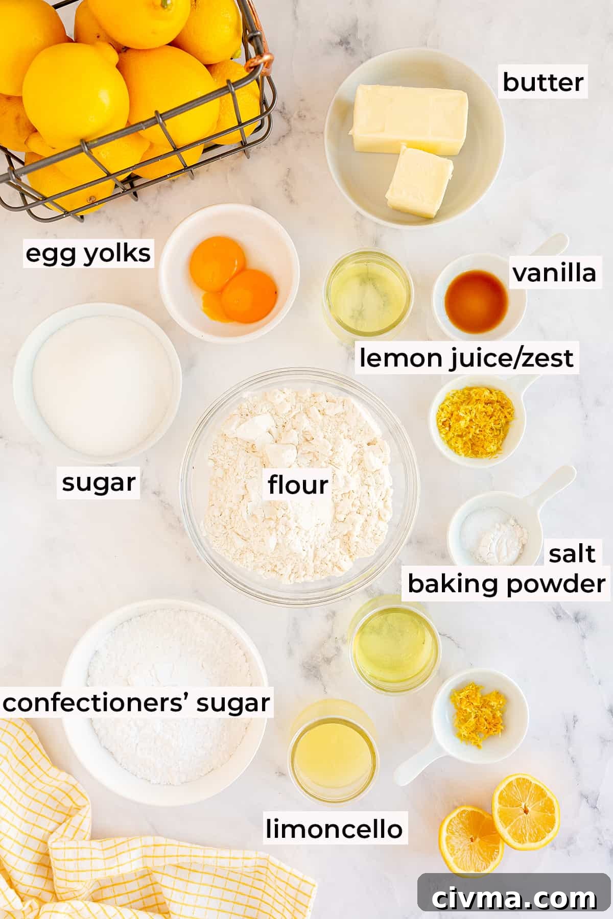 All the ingredients for Limoncello Cookies with text overlay.