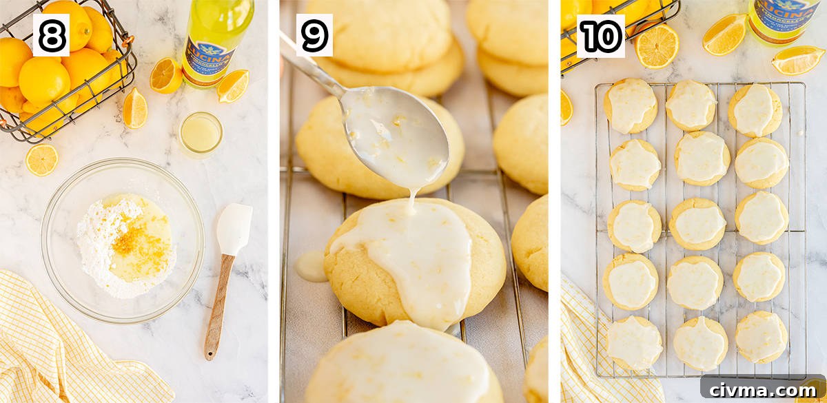 Lemon glaze is spooned on to cookies.