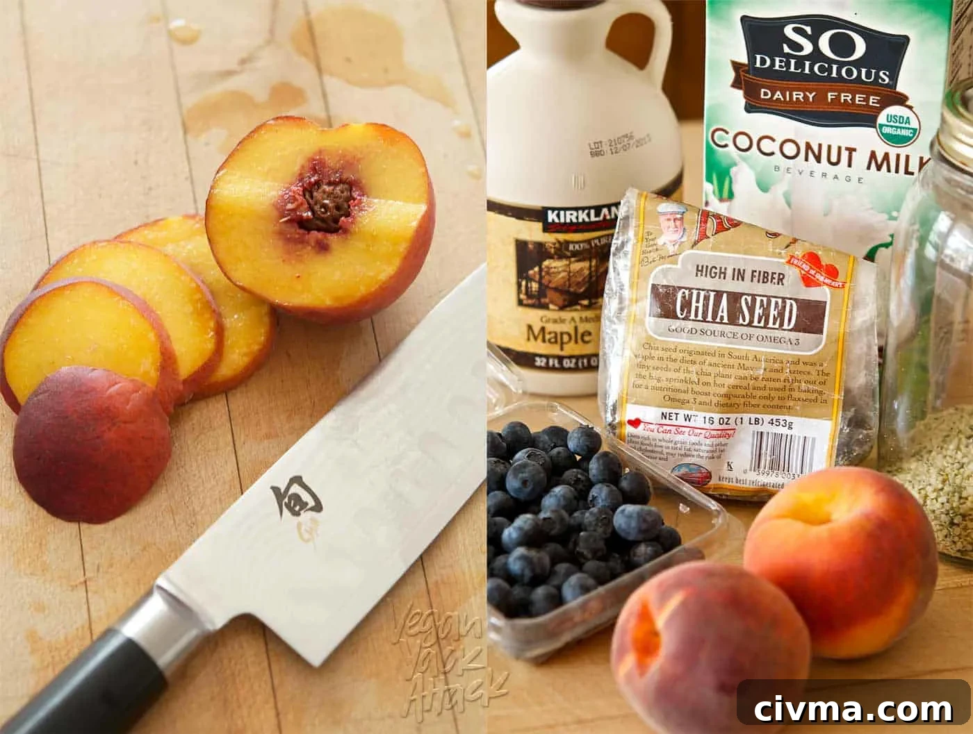 Image collage of sliced peaches and chia pudding ingredients