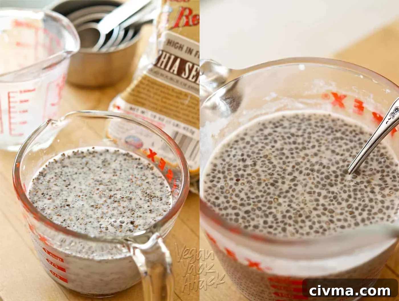 Image collage of before and after vanilla chia pudding