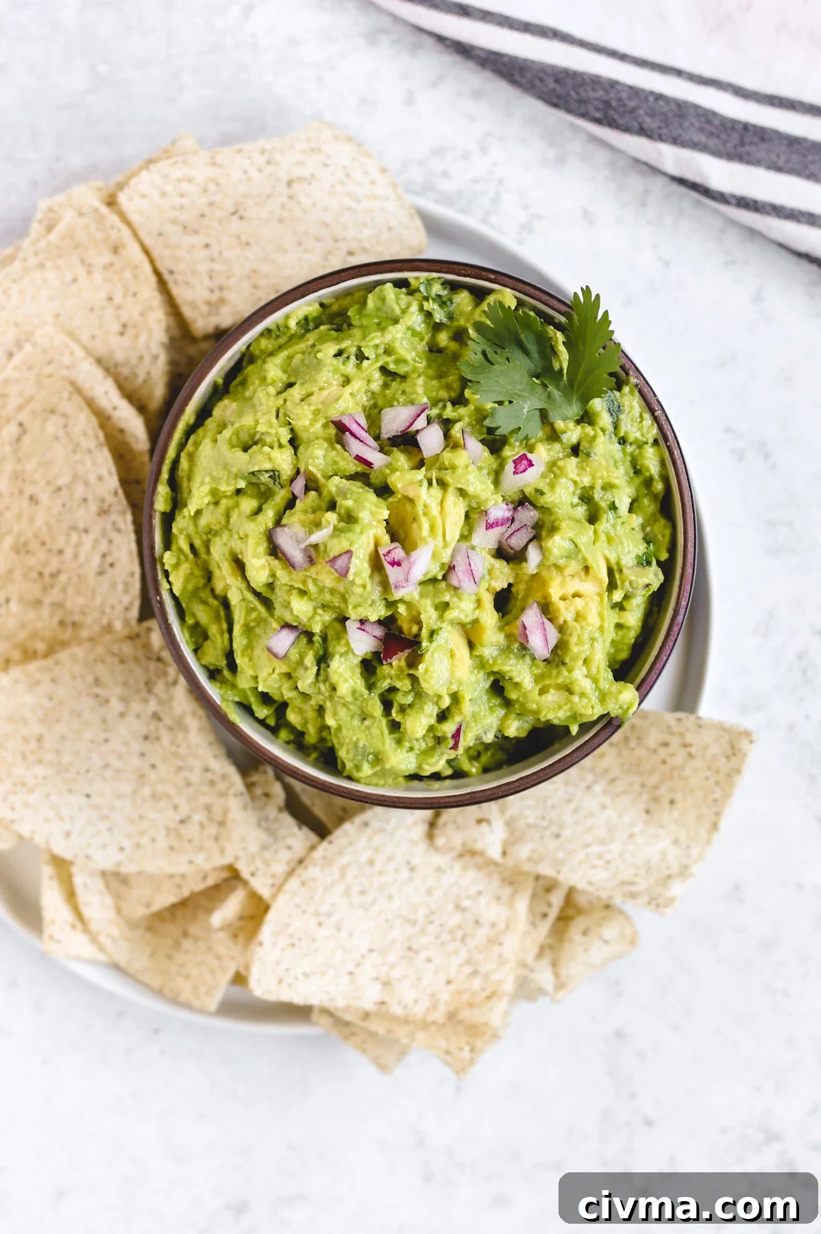 plate with chips and fresh guacamole in a bowl