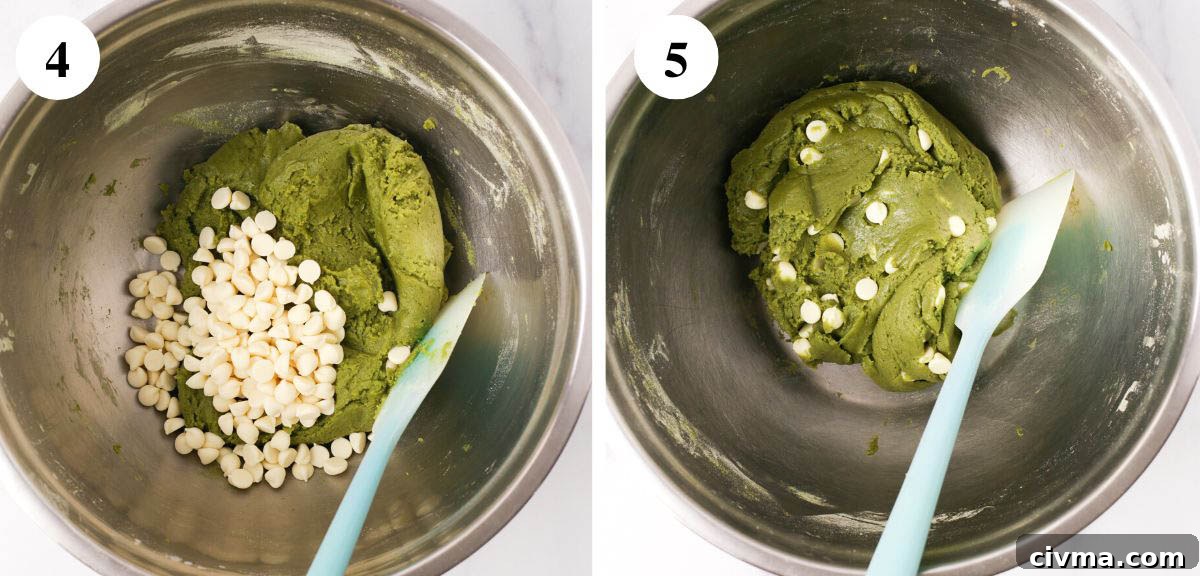 Soft Matcha White Chocolate Chip Cookies Recipe 6 Steps of adding white chocolate to the matcha cookie batter.