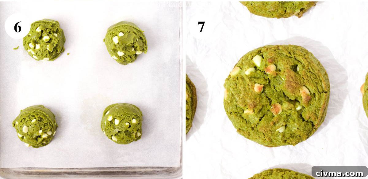 Soft Matcha White Chocolate Chip Cookies Recipe 7 Steps on how to portion and bake matcha white chocolate cookies.