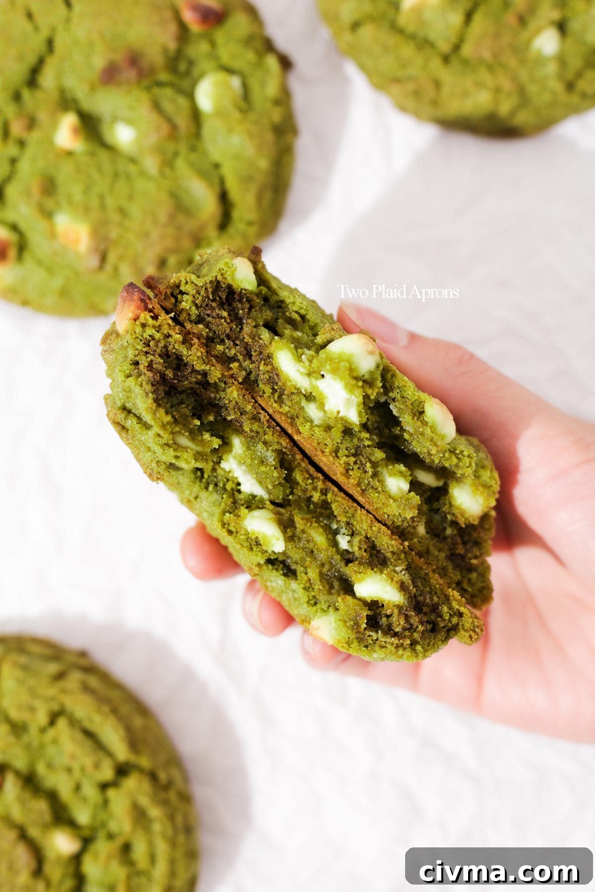 Soft Matcha White Chocolate Chip Cookies Recipe 9 Showing the inside of the matcha white chocolate cookie.