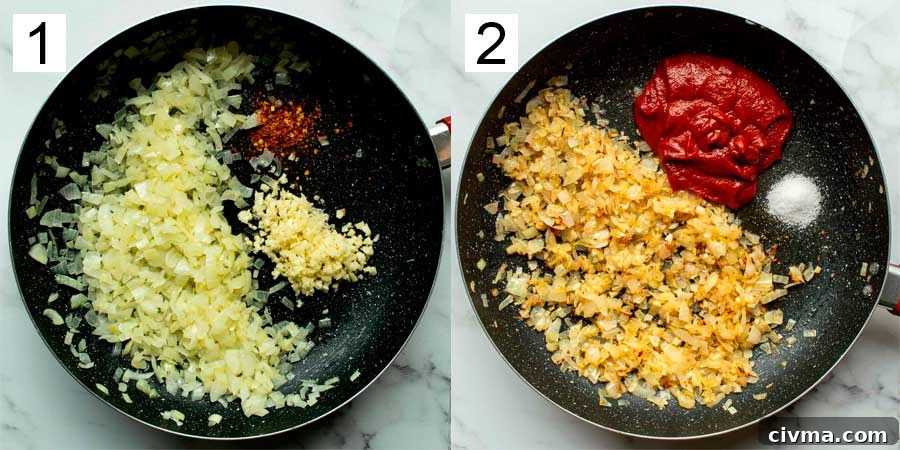 Split image with number one on the left a pan of chopped onions garlic and chili flakes, while number two on the right has cooked onions tomato paste and salt.