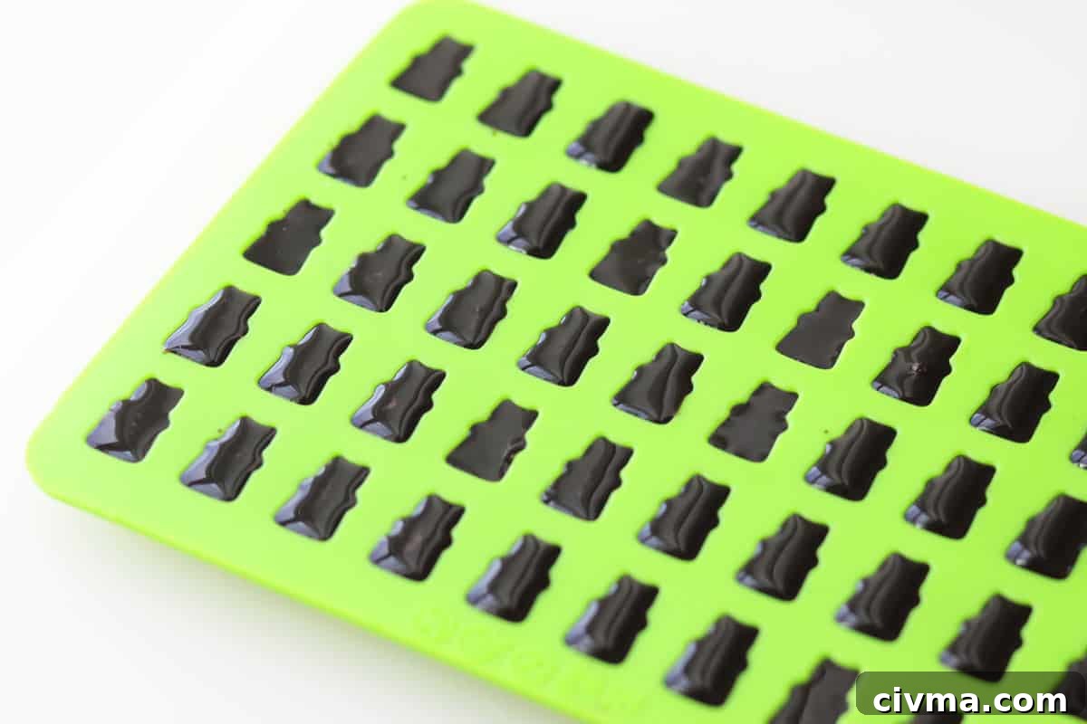 elderberry gummies setting up in a silicone gummy bear mold