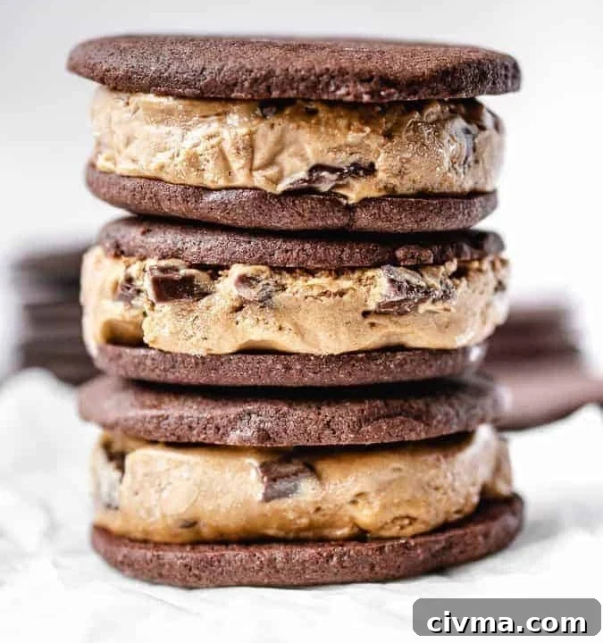 Close up shot of 3 stacked chocolate ice cream sandwiches