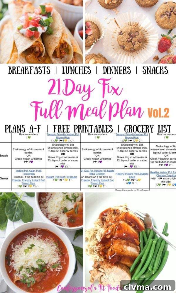 Photo Collage with text overlay 21 Day Fix Full Meal Plan with breakfast lunch dinner snacks and a full grocery list