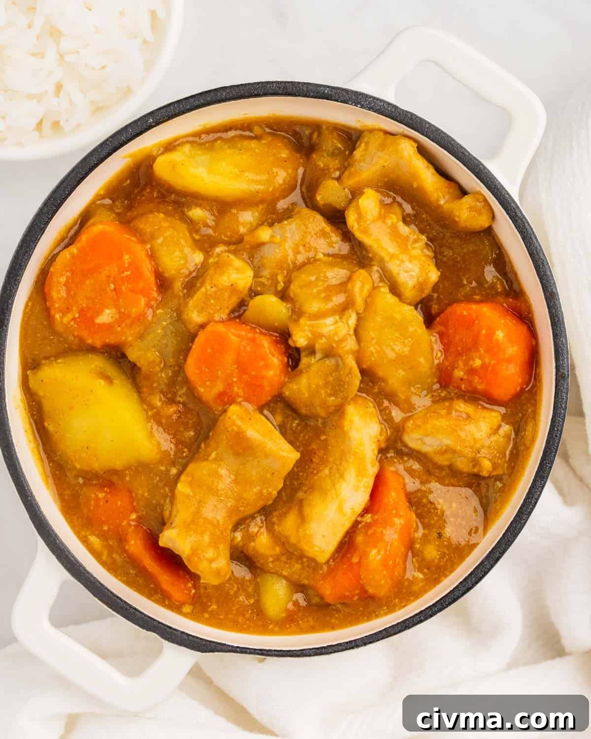 pot of chicken, carrot and potato japanese curry with bowl of white rice.
