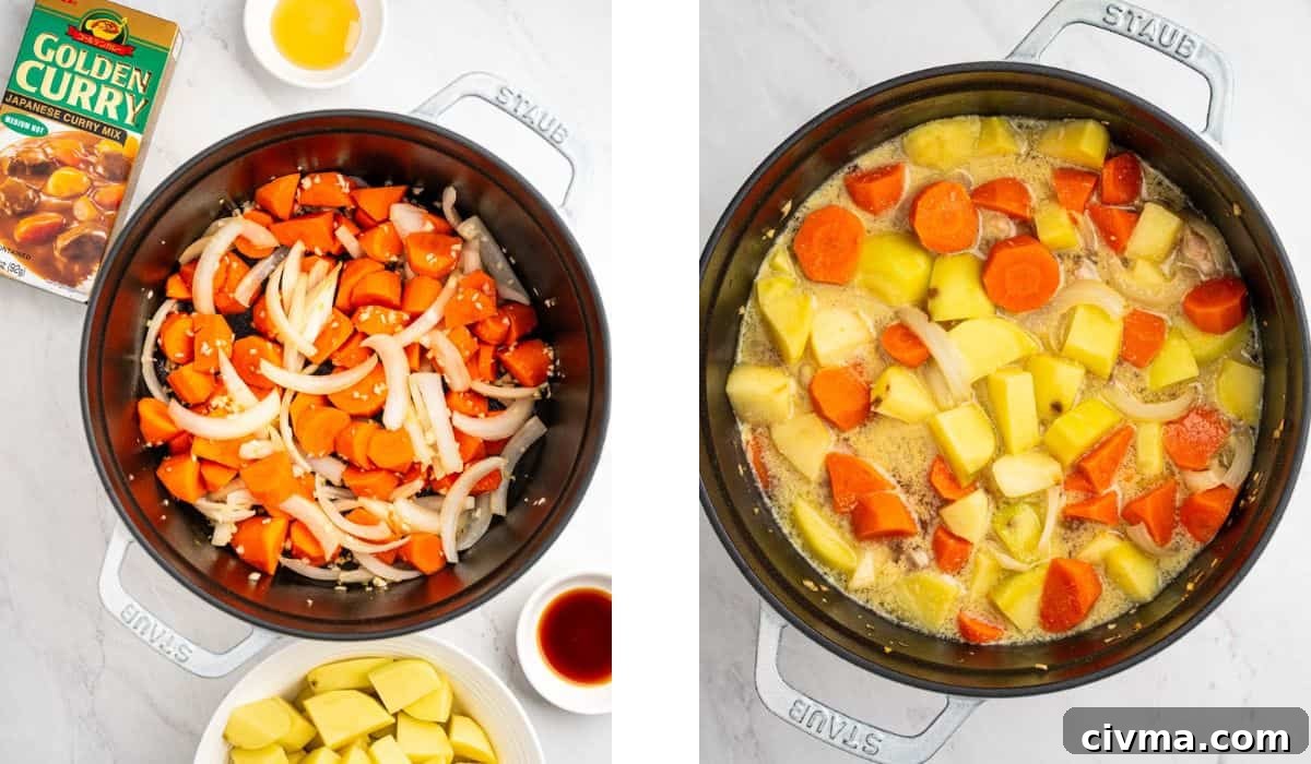 Process shots of sautéing vegetables and adding chicken broth.