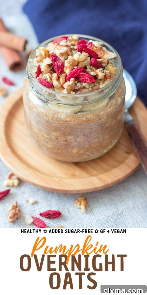 Pumpkin Overnight Oats topped with walnuts and goji berries