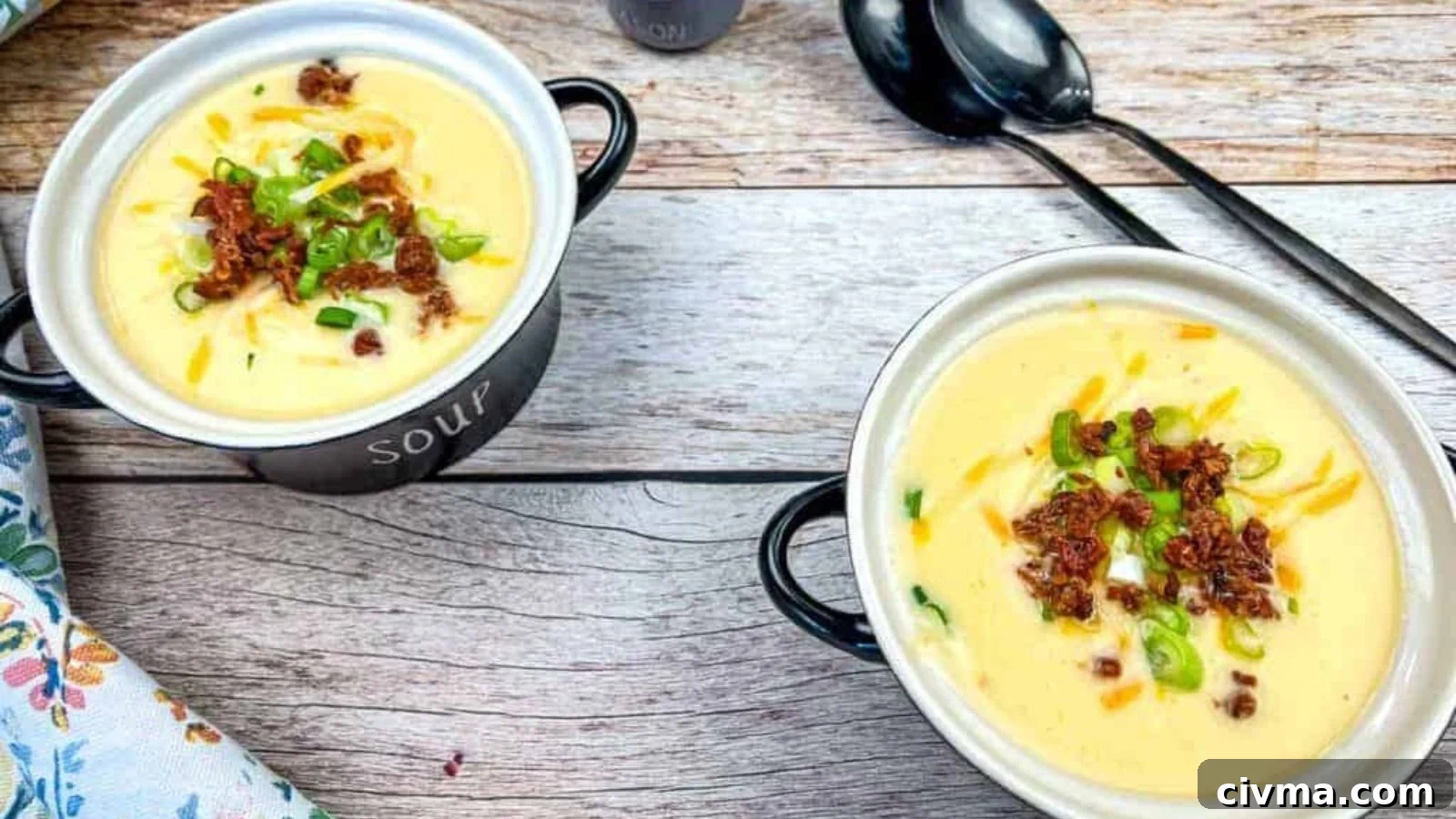 Two bowls of Copycat Jason's Deli Irish Potato Soup on a wooden table.