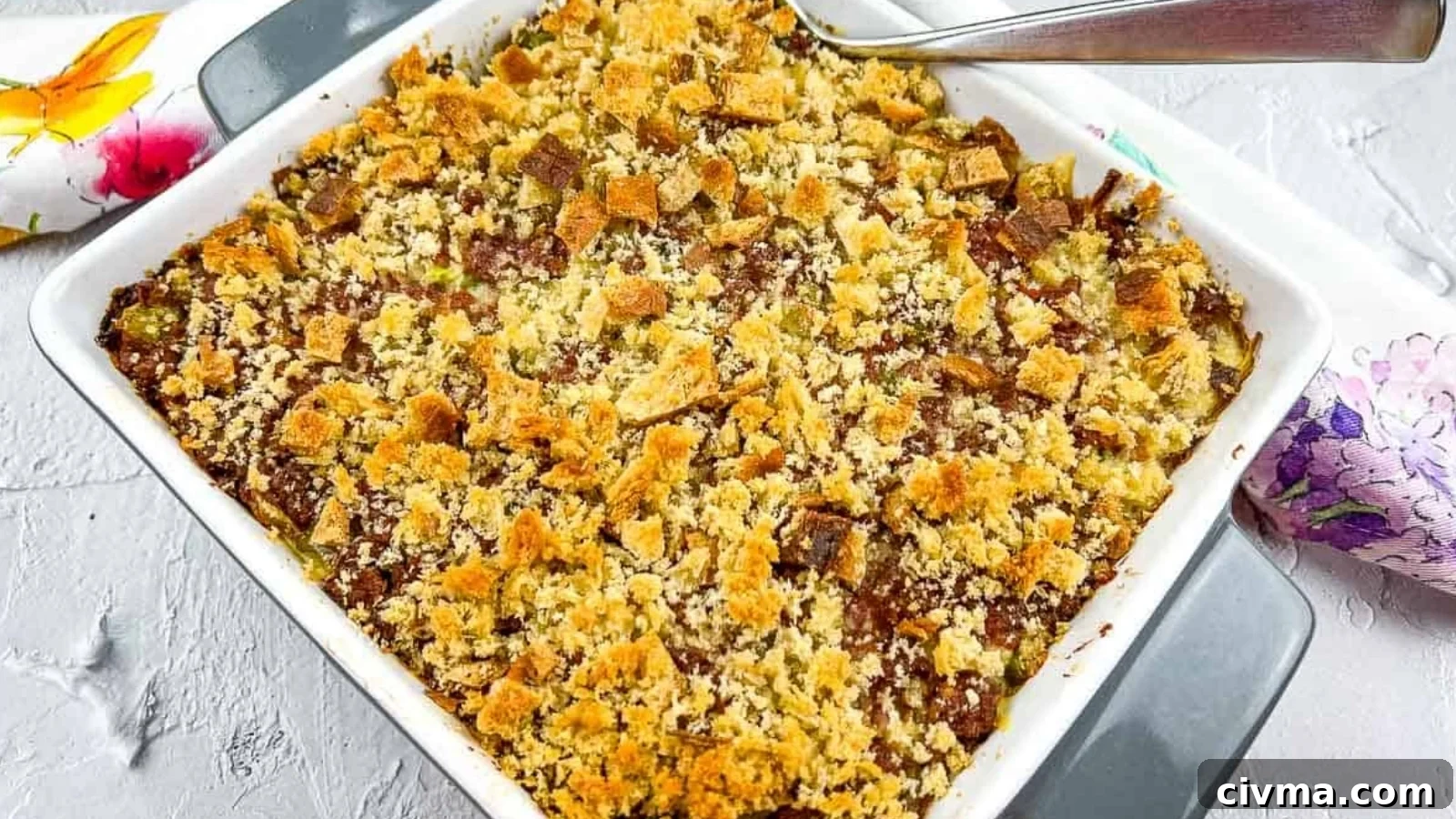 Corned Beef Hash Casserole in a square baking dish.