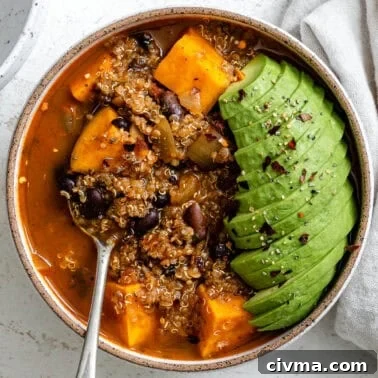 Completed Sweet Potato Quinoa Chili in a bowl.