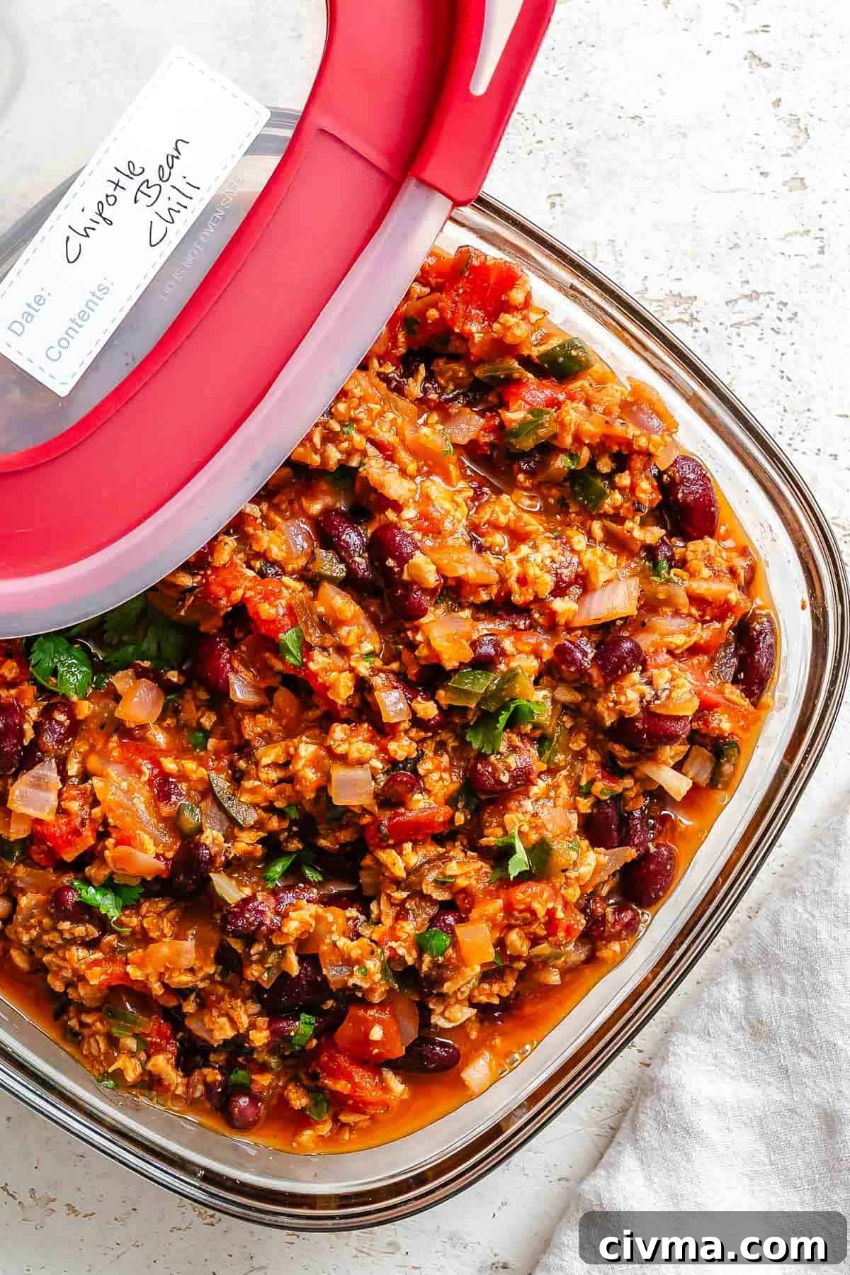 Completed Chipotle Chili Recipe in a storage container.