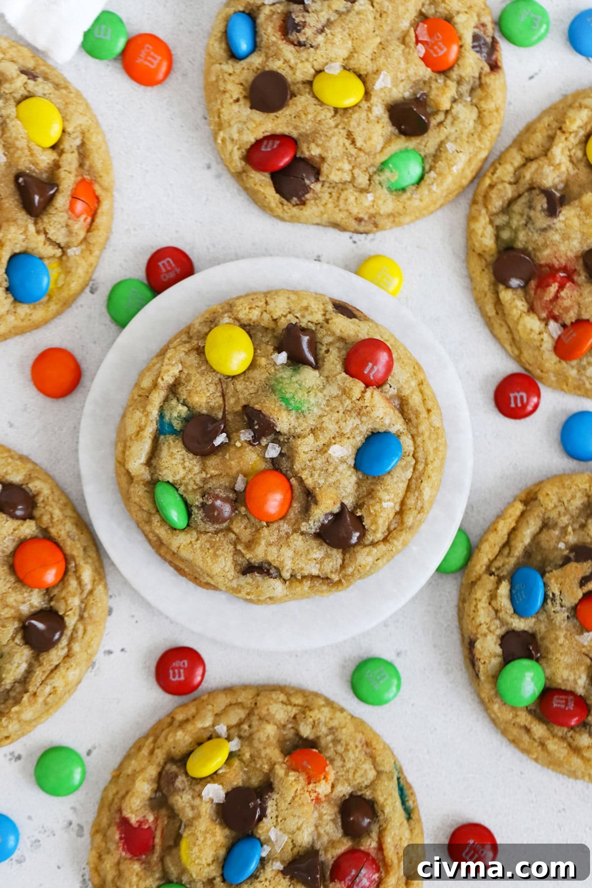 Overhead view of soft, chewy gluten-free M&M cookies