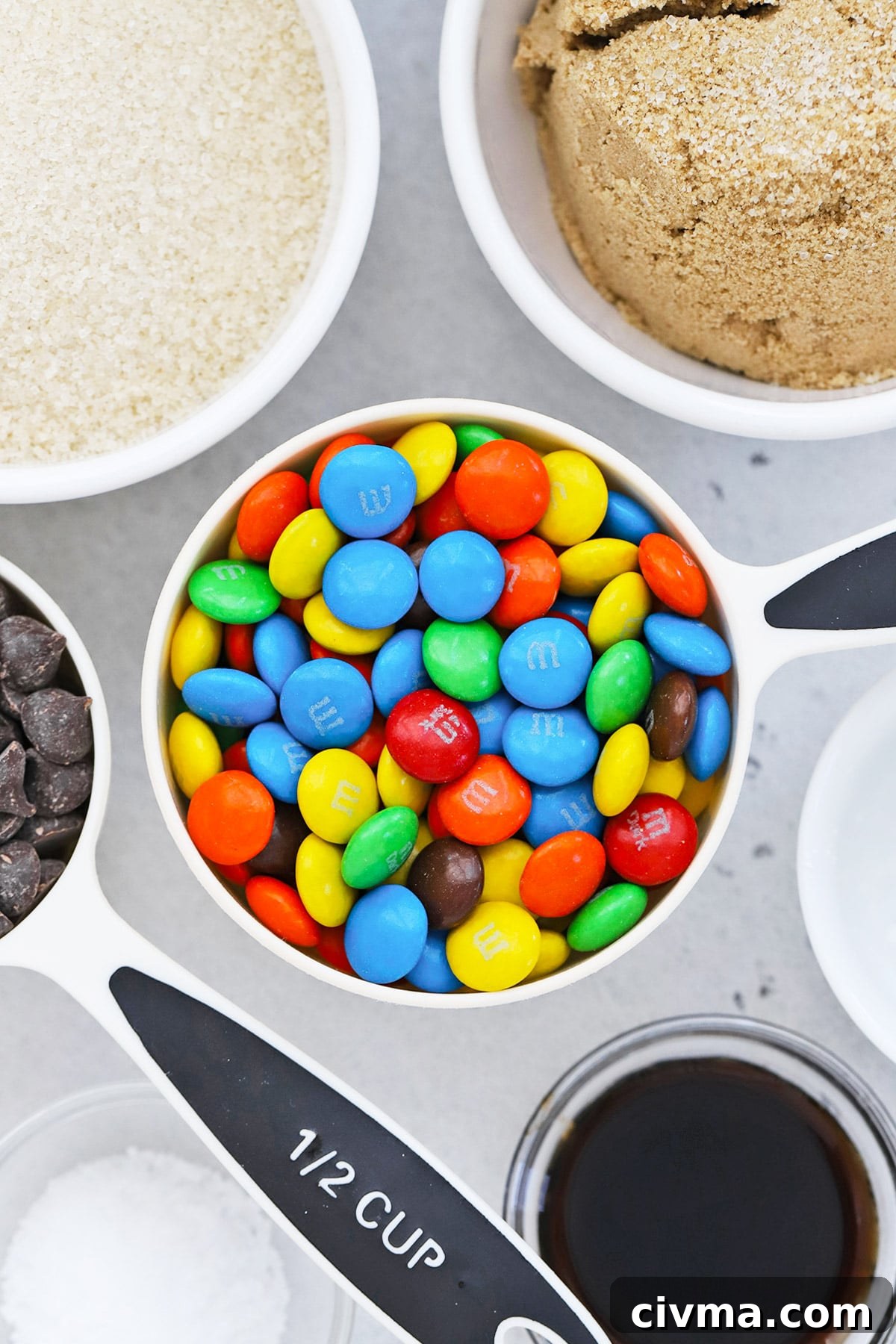 Overhead view of ingredients for gluten-free M&M cookies